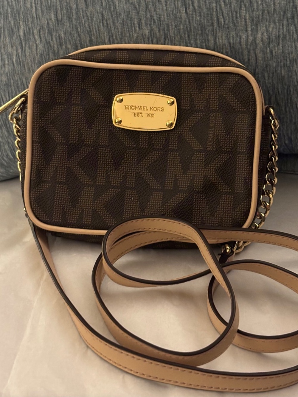 Michael Kors Signature Small Camera Crossbody Bag Brown MK Logo Gold Hardware